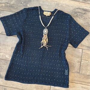 Vintage Double D Ranch Wear blue knit crochet beaded top